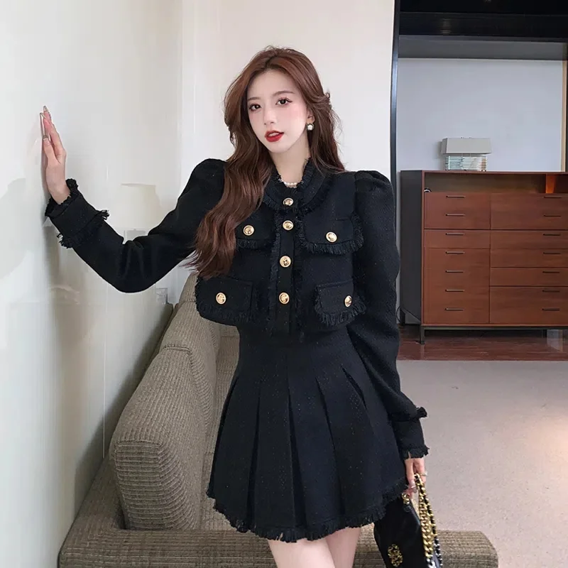 2022 Tweed Women Black Vintage Office Lady Tweed Jacket Black Tops Single Breasted Blazer Female Casual Slim Short Blazer Coats