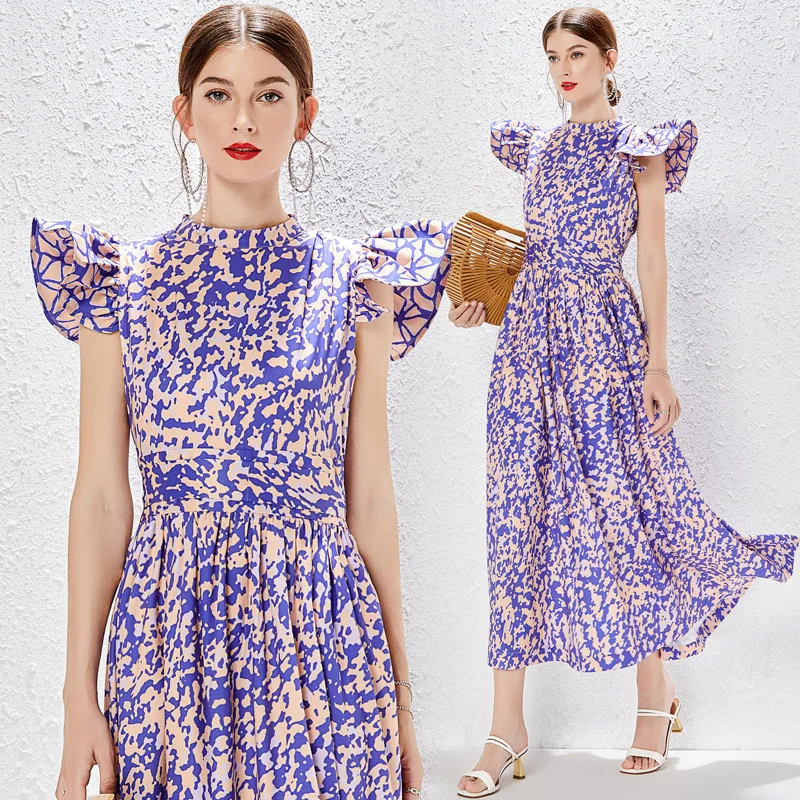 

Retro Print Hot sale Vintage Fashion High Neck Boho Maxi Dress Casual Female Vintage Lotus sleeve A-line Dress