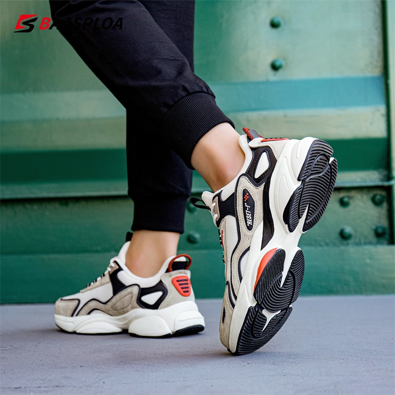Baasploa Men Sneaker Spring Running Shoes Non-slip Breathable Casual Walking Shoes Comfortable Leather Sneakers Male Tenis Shoes