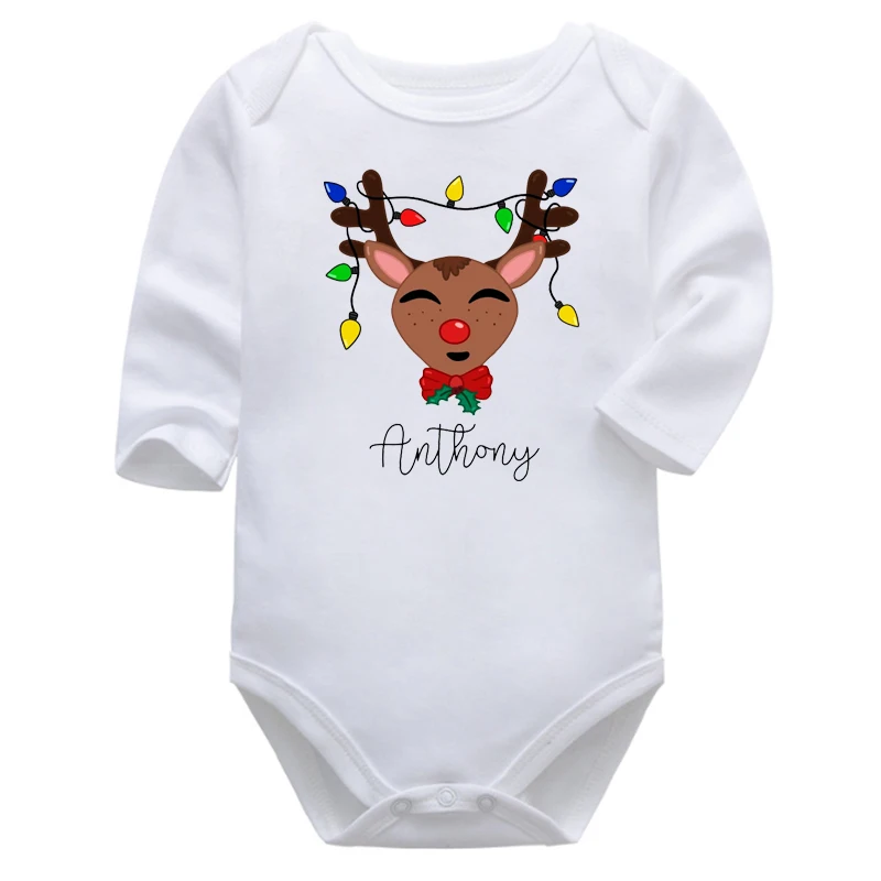 

Christmas Day Baby Girl Onesie Christmas Deer Newborn Baby Boy Clothes Cartoon Custom Name Long Sleeve Bodysuit 7-12m