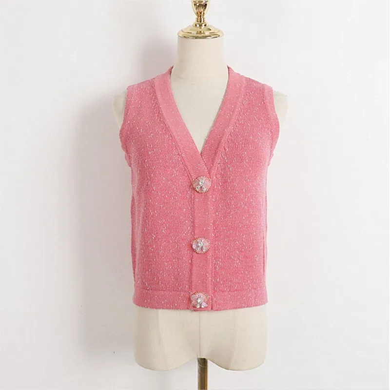 Женский однобортный Трикотажный жилет розовая майка без рукавов с тремя