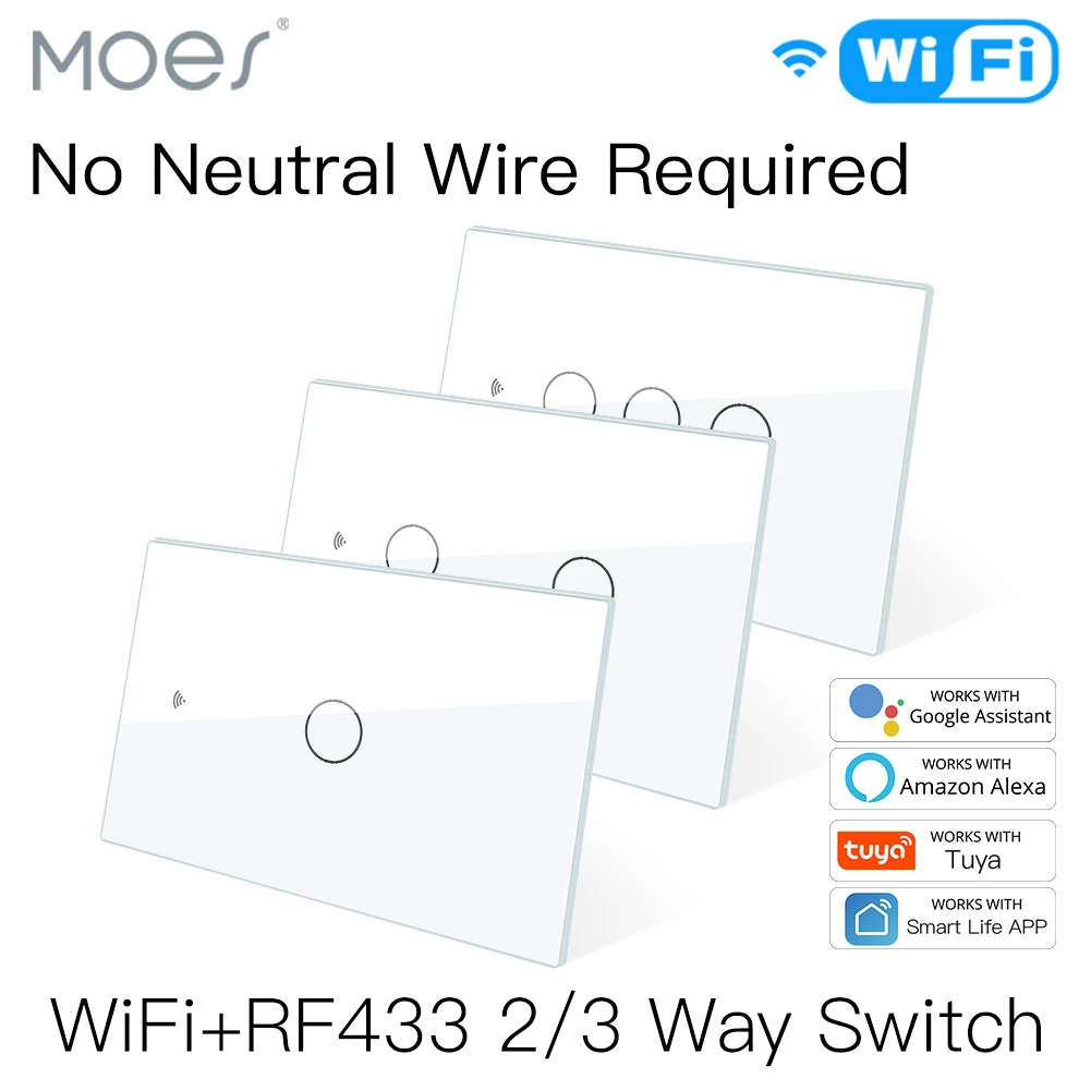 MOES WiFi Smart Light Switch RF433 No Neutral Wire Single Fire Smart Life Tuya App Control Works with Alexa Google Home 110/220V