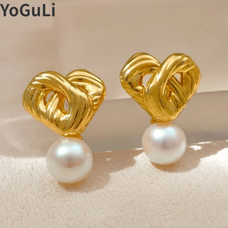 

Fashion Jewelry 925 Silver Needle Simulated Pearl High Quality Brass Metal Gold Color Heart Earrings For Women Girl Sweet Style