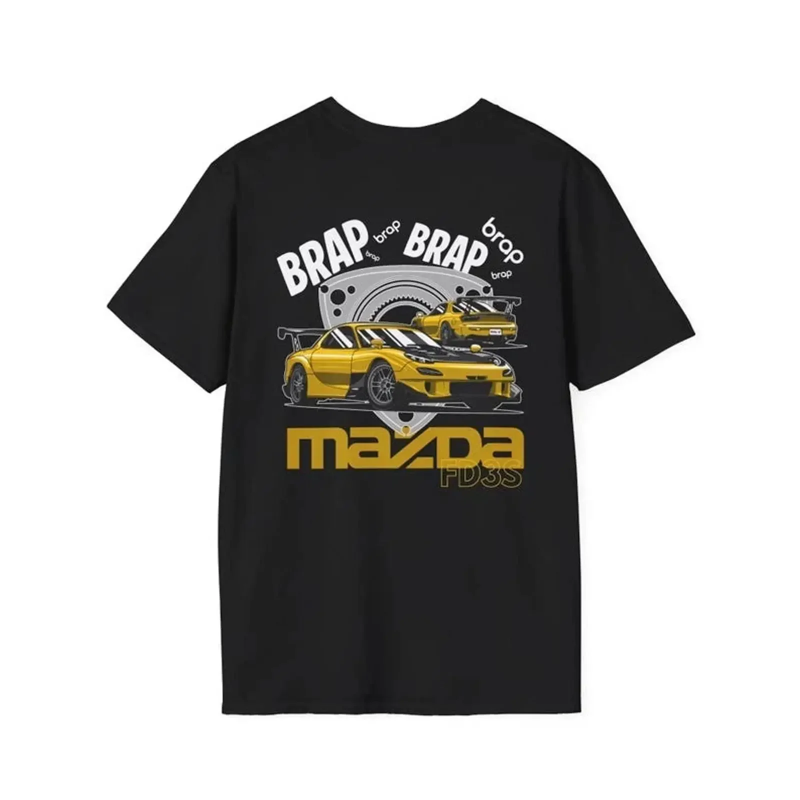Фото Футболка Brap RX7 JDM с принтом роторного двигателя, винтажная, с эффектом потертости, эластичная, дизайнерская одежда, графический принт, комфортная. №1