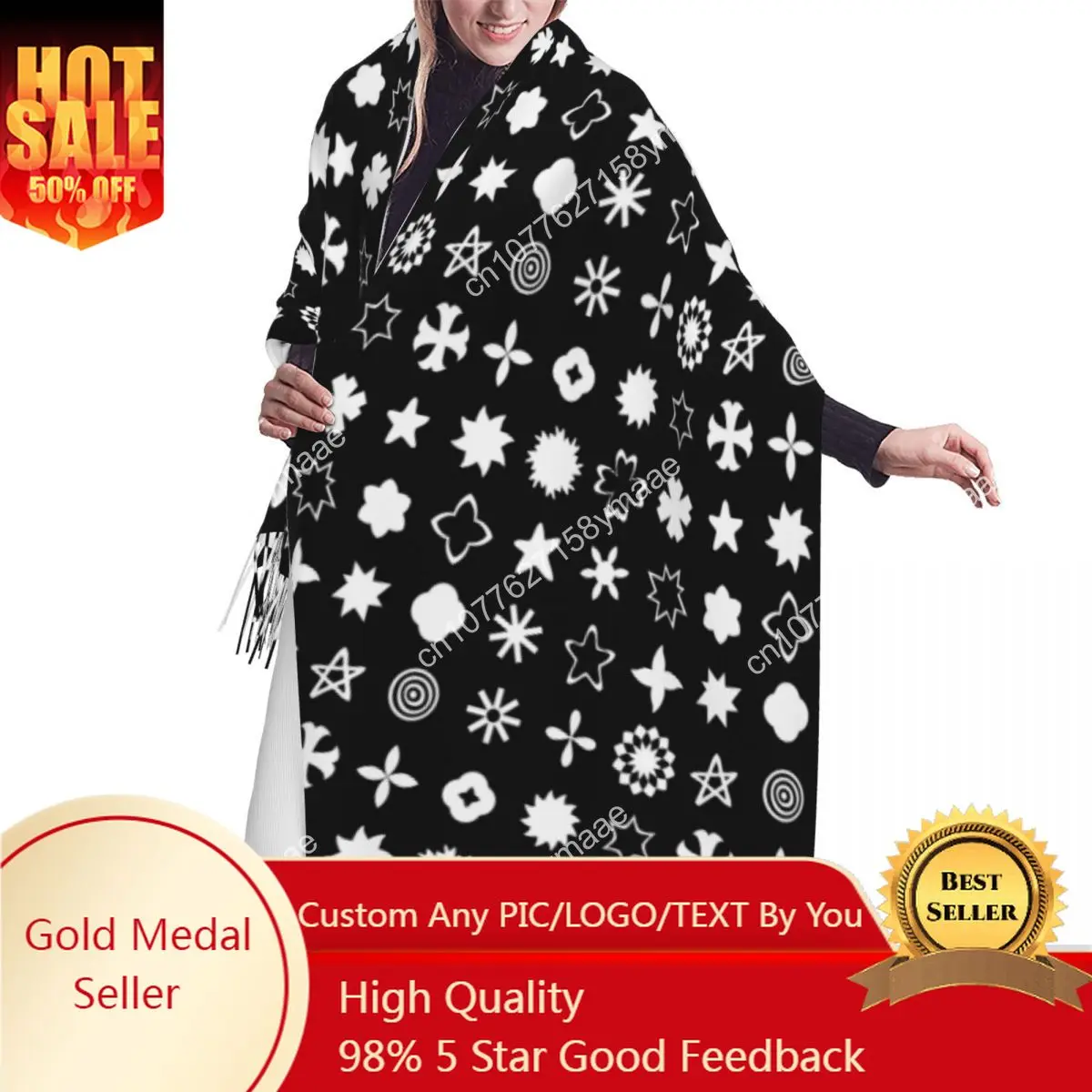 

Custom Saudi Arabia Monochrome Y2K Stars Scarf Wrap for Women Long Winter Warm Tassel Shawl Unisex Versatile Scarves