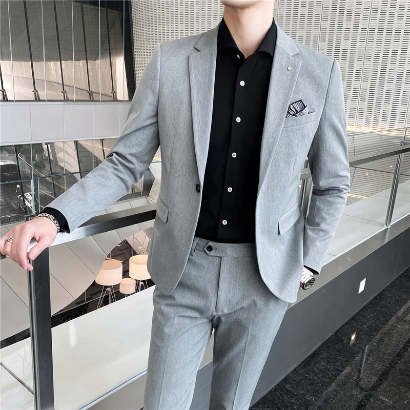 

2023New suit (suit + trousers) fashion Korean version of the groom's wedding British Slim casual suit solid colour two-piece set