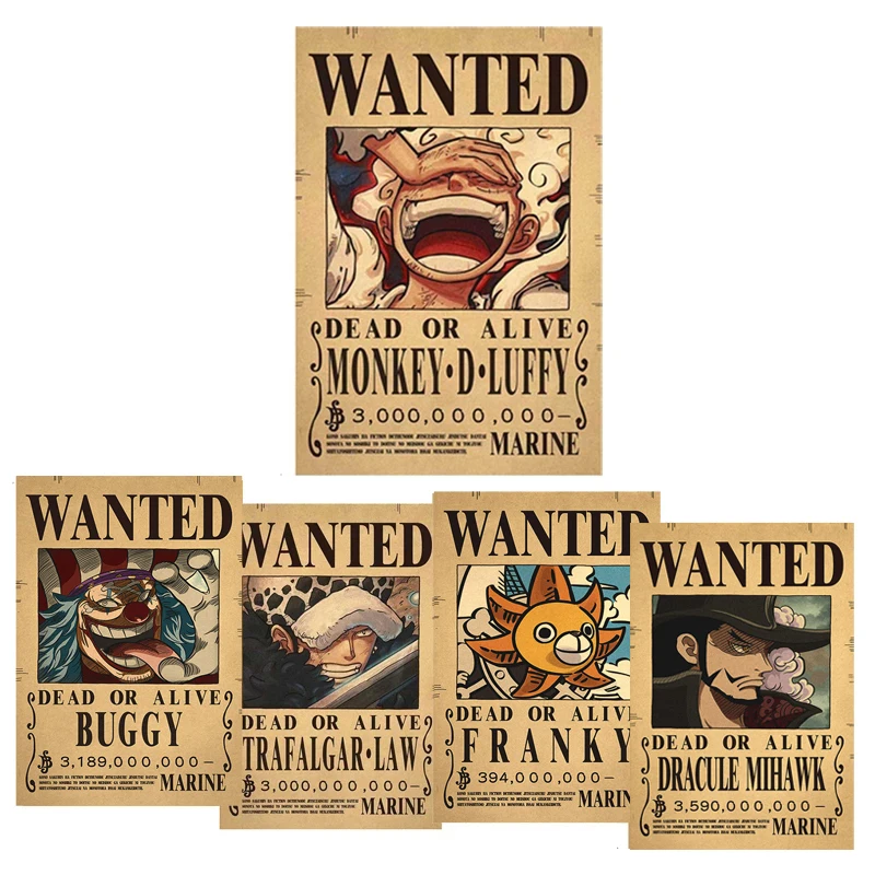 One Piece Luffy 3 Billion Bounty Wanted Posters Four Emperors Kid Action Figures Vintage Wall Decoration Poster New Anime Toys