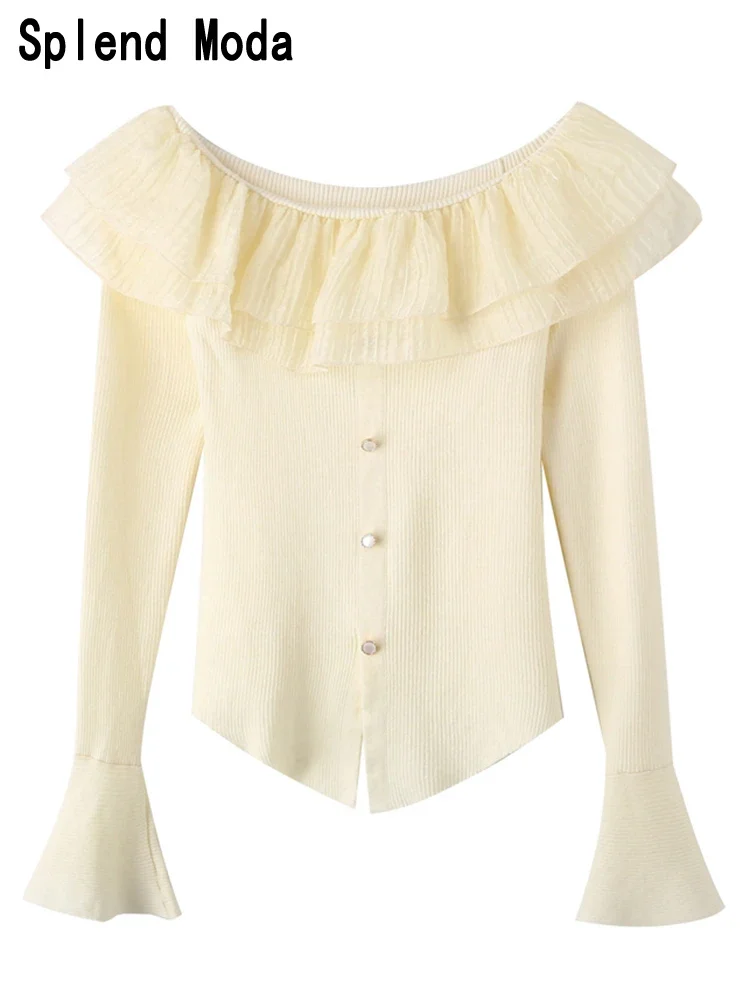 

Женский трикотажный пуловер с оборками, милый облегающий свитер с круглым вырезом, шикарные Джемперы на пуговицах с искусственным жемчугом, осень 2023