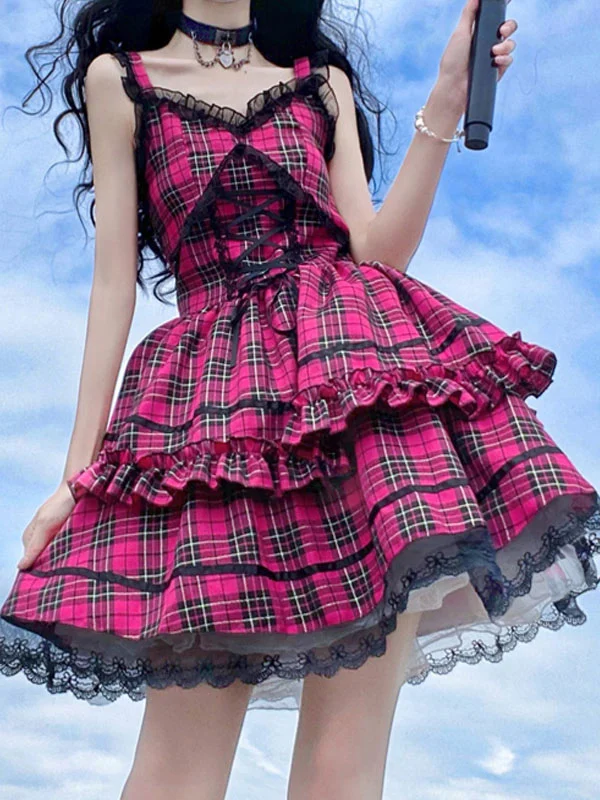 Купи Idol clothes Lolita JSK Dress Rose Red Plaid Print Pattern Ruffles Bows Sweet Lolita Jumper Skirts за 2,134 рублей в магазине AliExpress