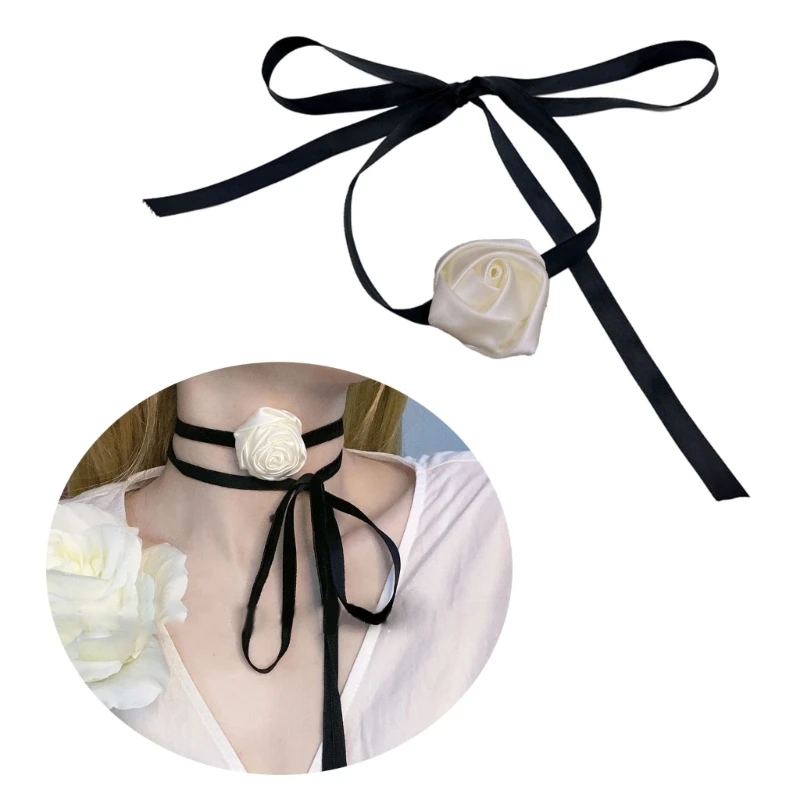 

Белый черный воротник с цветком розы бархатное ожерелье Шейная цепочка тканевая лента чокер 28TF