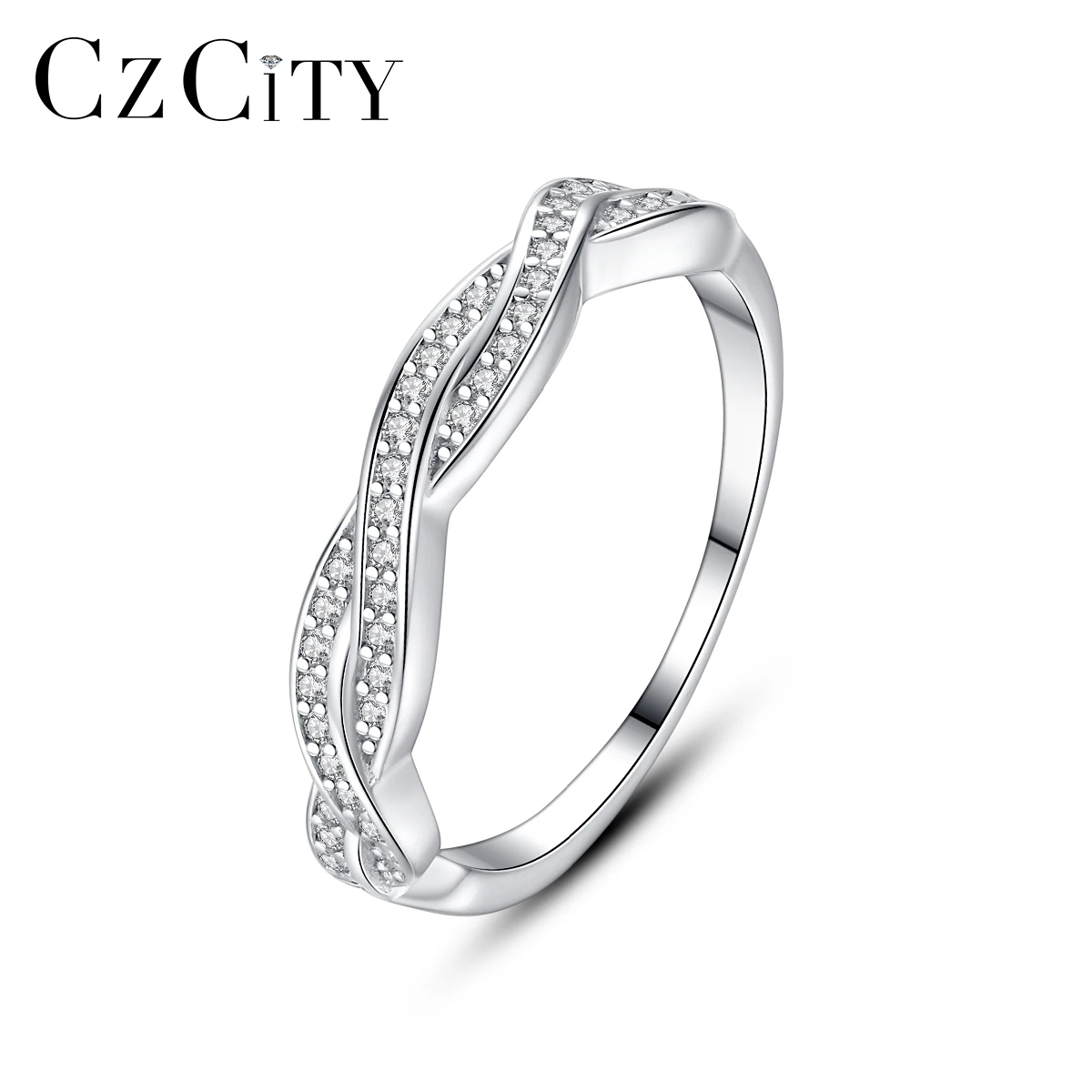 

CZCITY Twisted Cubic Zirconia Wedding Bridal S925 Sterling Silver Band Rings Korean Fashion Finger Jewelry Classic Accessories