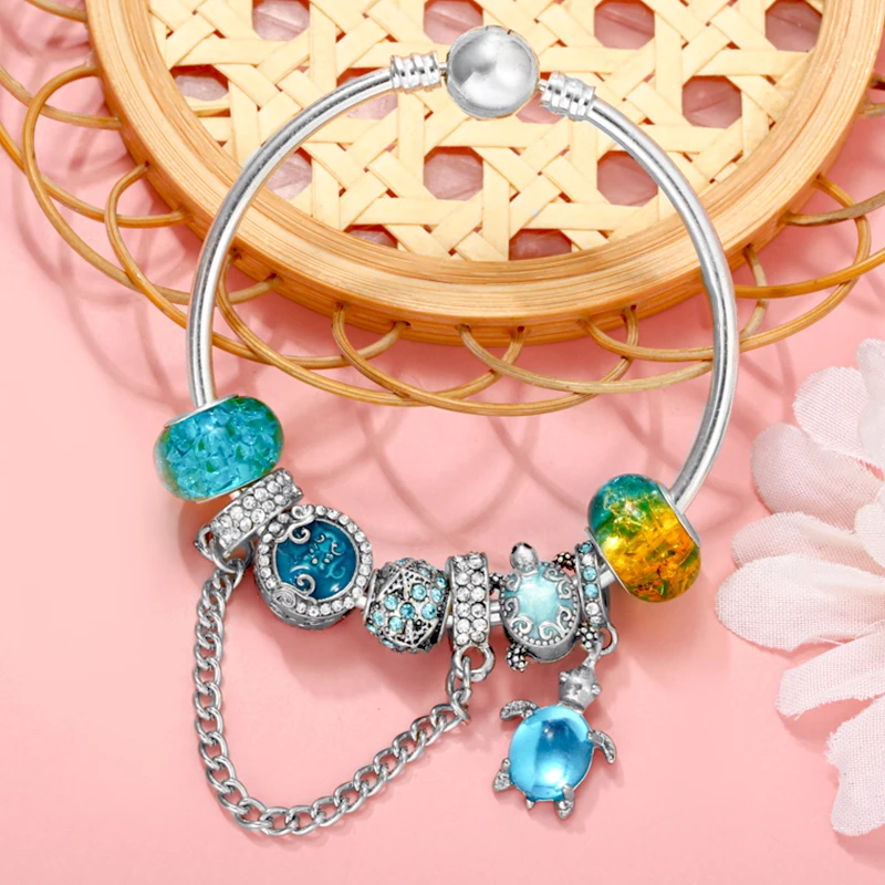 

Blue Ocean Life Sea Turtle Charm Bracelet With Pendant Fits Fashion Brand Bracelet For Women Jewelry Gift European Style