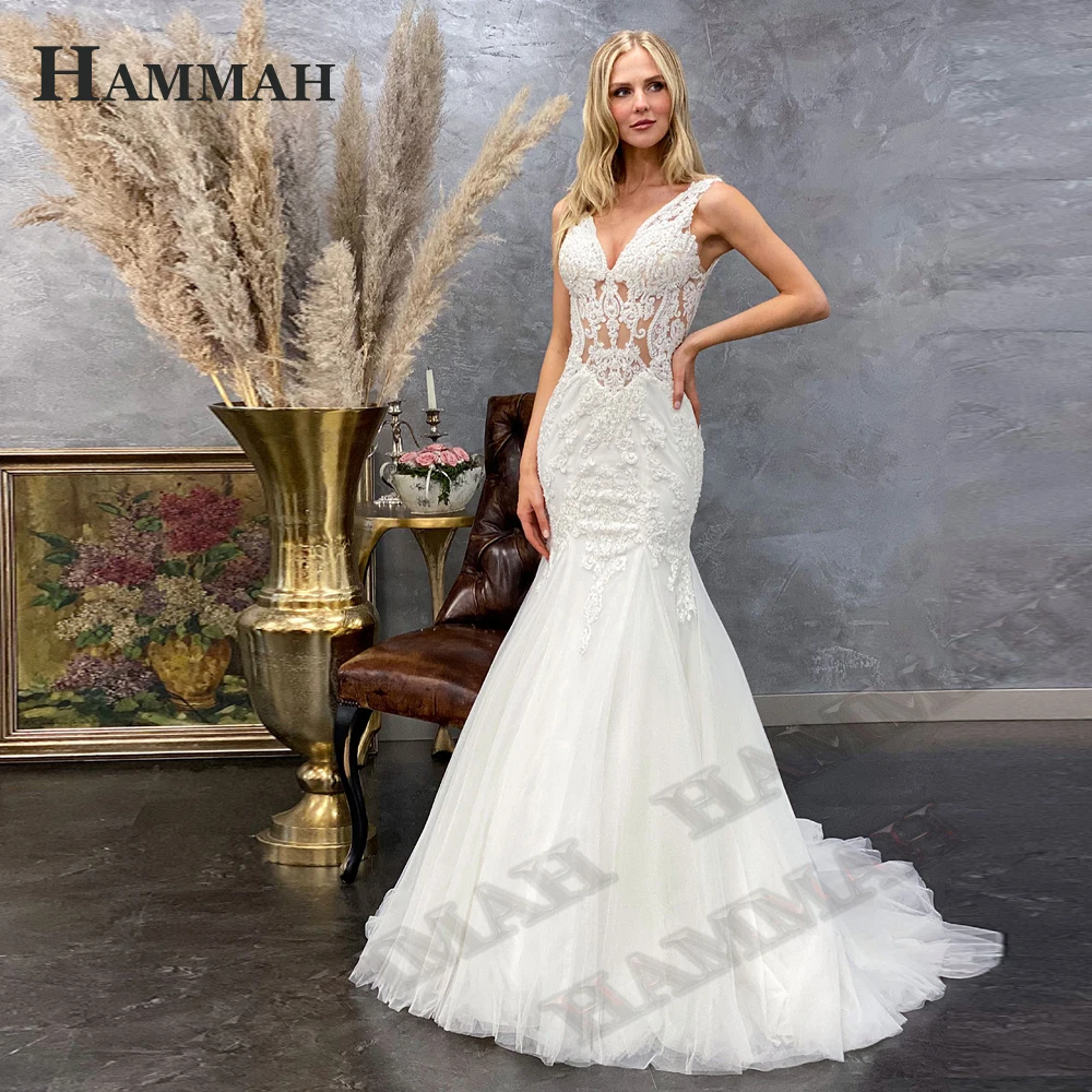 

HAMMAH V Neck Wedding Dresses For Women Backless Tank Classic Trumpet Zipper Tulle Vestido De Casamento Made To Order