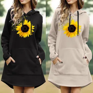 Womens Sunflower Printing Casual Solid Color Pullover Hooded Pocket Long Sleeve Dress Sweatshirts Light Weight Women Hoodie