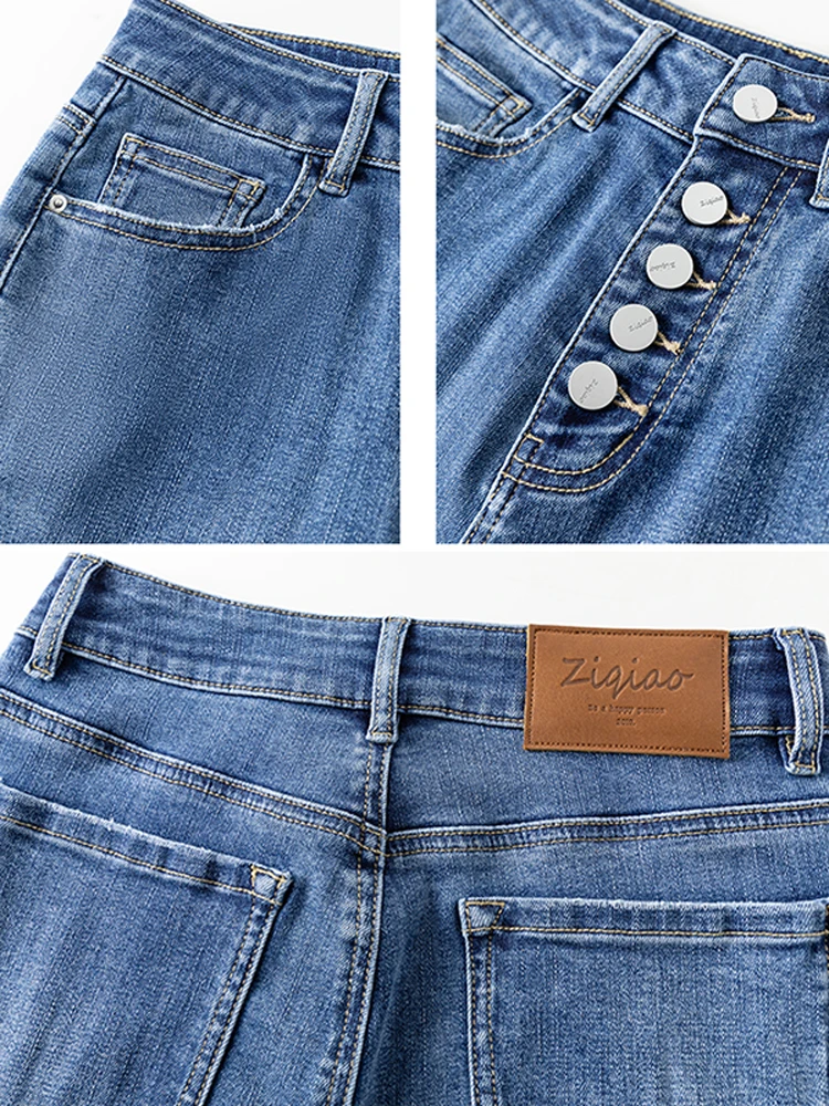 ZIQIAO Japanese Light High Waist Cropped Shrink Jeans Office Lady Multi-Button Cotton Stretch Jeans Denim Blue Ankle-Length Pant