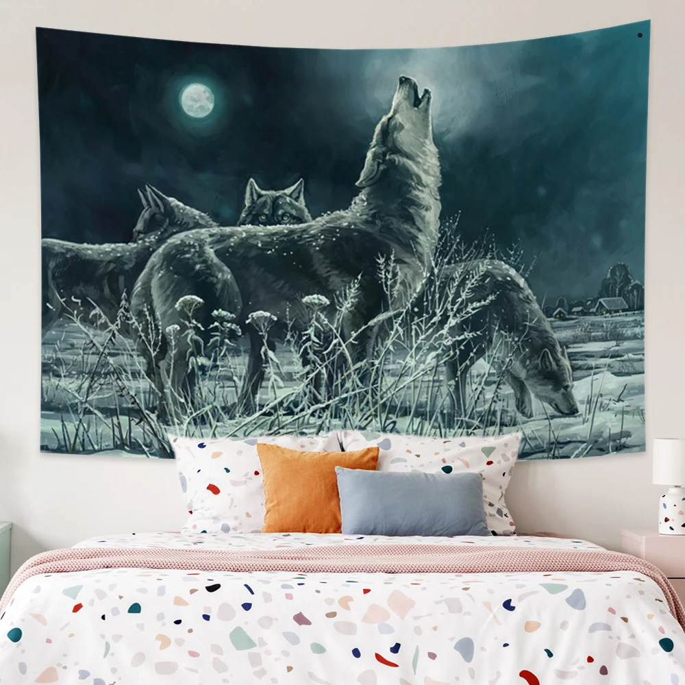 

Wolf Pack Moon Mandala Oil Painting Snow Night Decor Tapestry Trippy Mystical Room Dorm Decoration Dark Mounted Wall Hanging