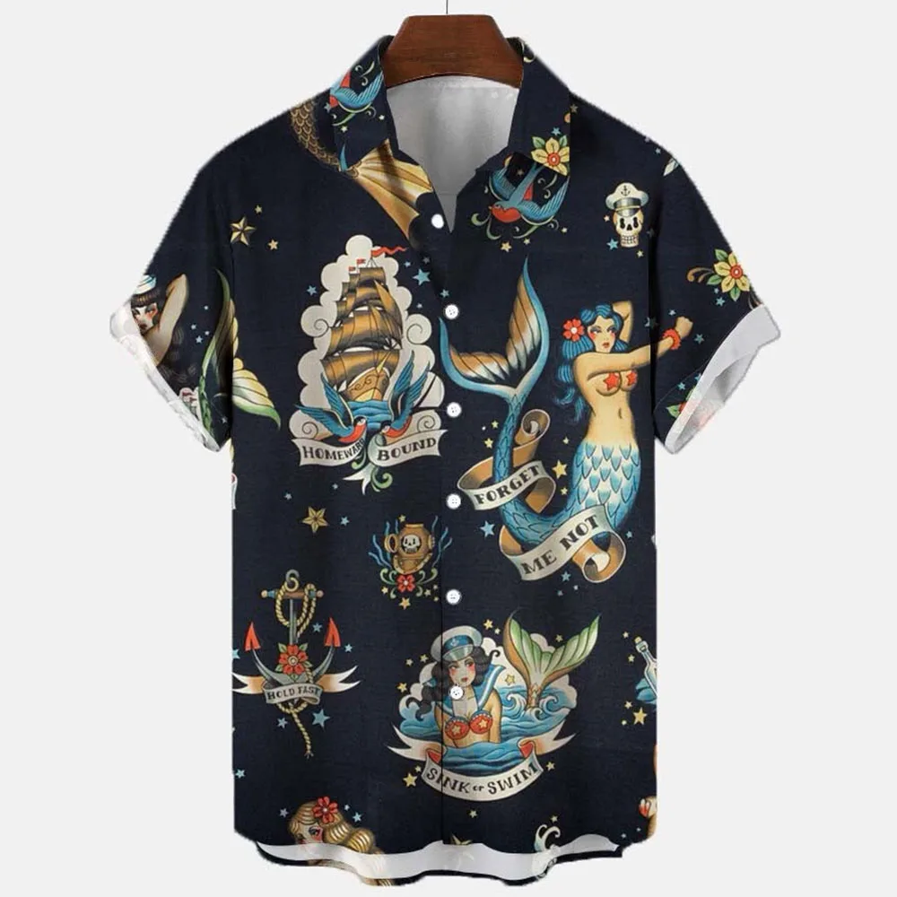 2022 3d Digital Print Mermaid Retro Art Pattern Men's Shirt Retro Hawaiian Shirt Man Street Short Sleeve Top Loose Shirt For Men