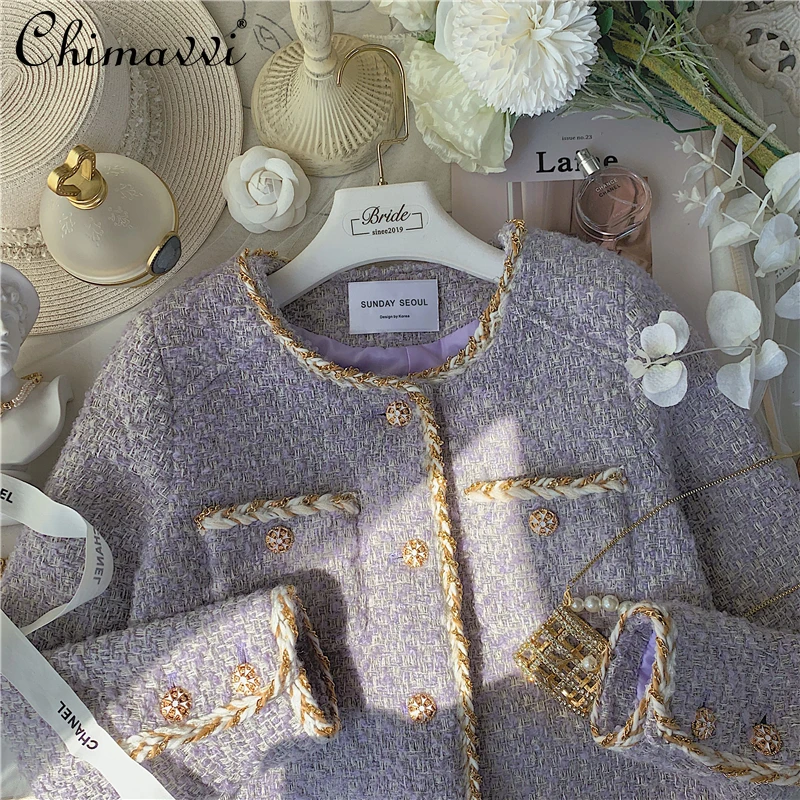 Высококачественное фиолетовое твидовое короткое пальто с украшением цепей, Осень-зима 2022, женская одежда, Свободный Топ с длинным рукавом, ...