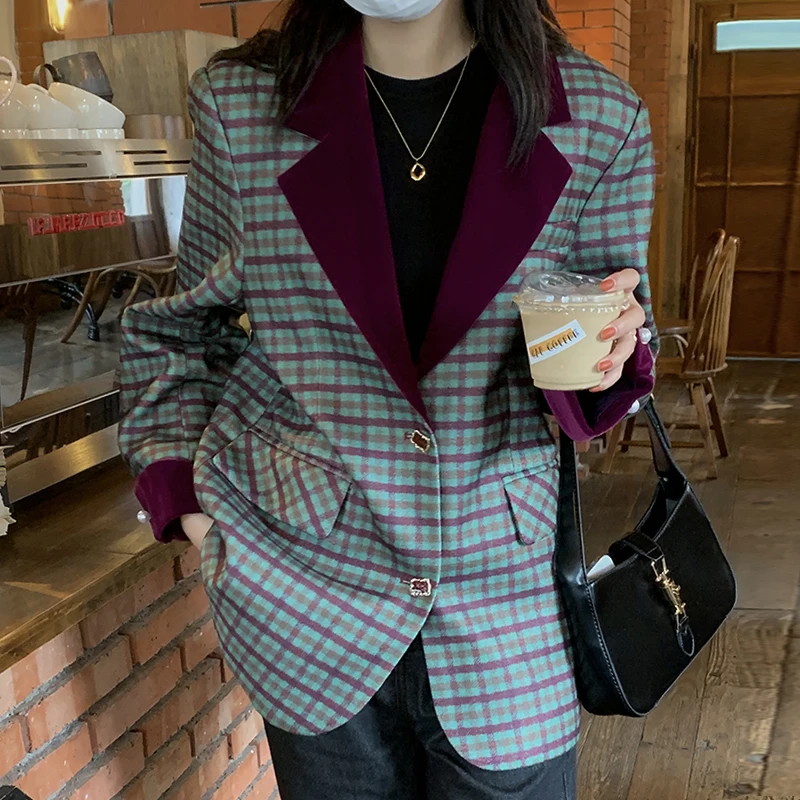 

Clothland Women Vintage Plaid Blazer Checkered Long Sleeve Single Breasted Coat Retro Office Wear Chic Jacket CA384