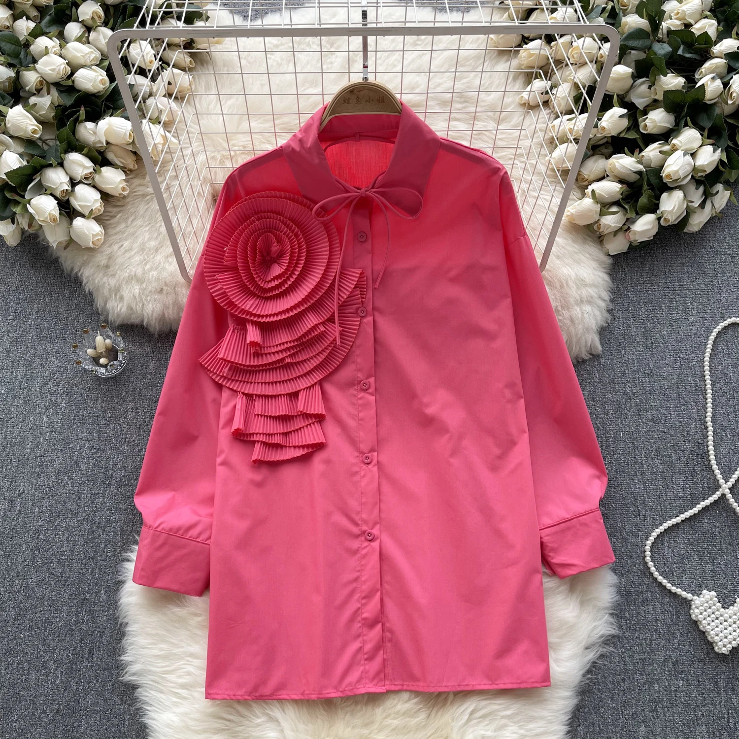 

Chic Elegant Three-dimensional Floral Long Sleeve Loose Top Vintage Korean Ruffle Fairy Top Autumn Women Clothing