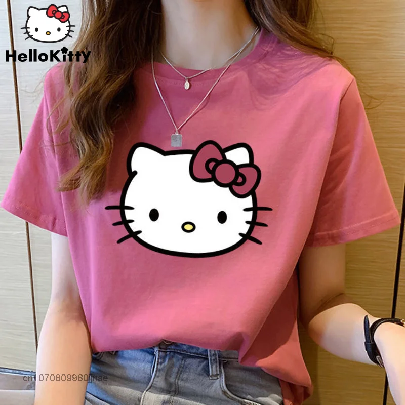 Hello Kitty Luxury Print Short Sleeve T Shirt Female 2022 New Summer Student Kawaii Loose Aesthetic Tops For Girl Cartoon Cute