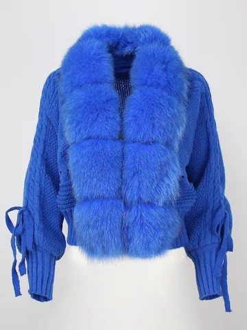 OFTBUY/2023 зимняя женская повседневная короткая теплая вязаная куртка с натуральным мехом лисы, пальто с разрезом