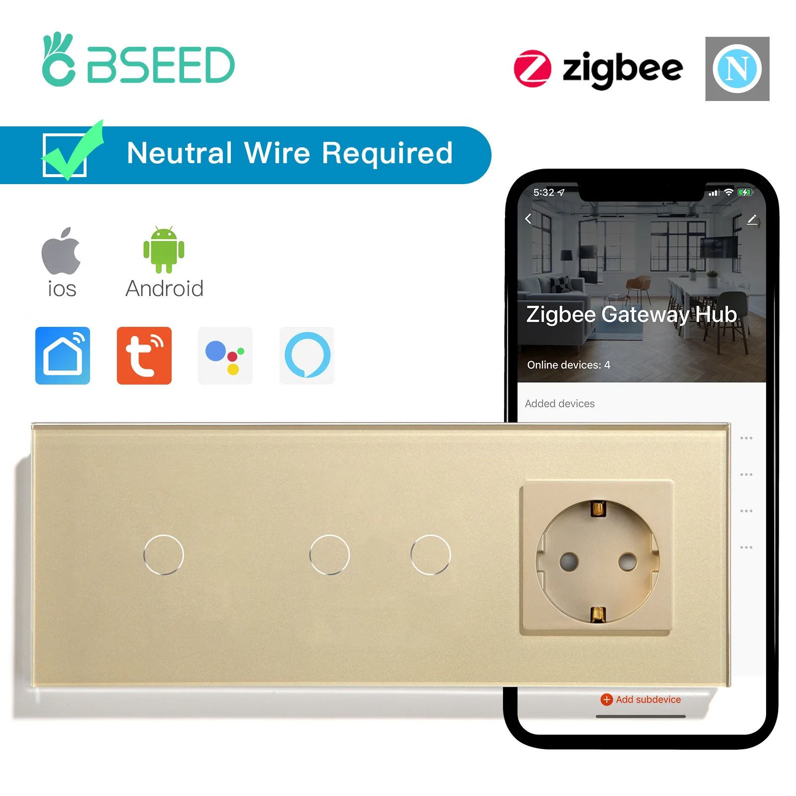 BSEED Сенсорные выключатели света Zigbee 1/2/3 Gang