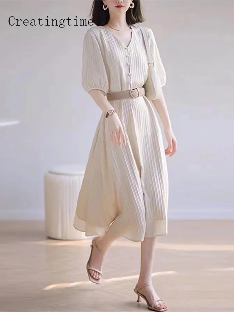 

Женское шифоновое однобортное платье-трапеция, элегантное однотонное платье с рукавами-фонариками и V-образным вырезом, модель 1B238 на лето, 2023