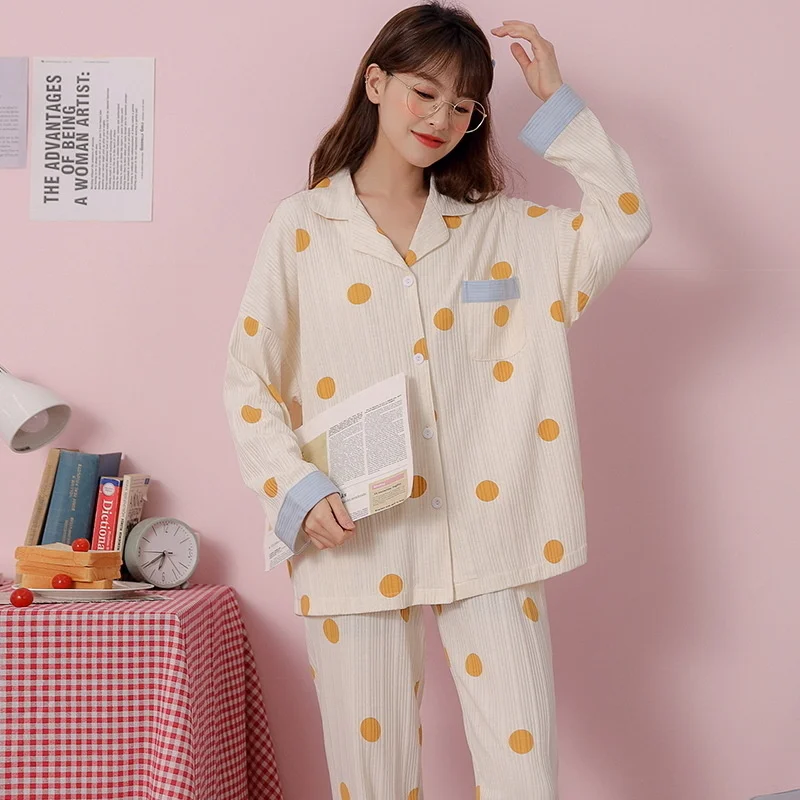 spring new cardigan pajamas women's pure cotton sweet  lovely lapel loose long sleeved trousers autumn  winter home clothes