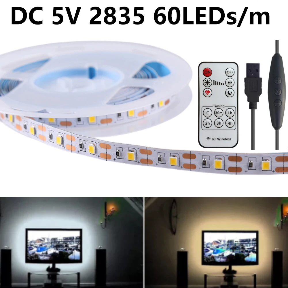 

USB LED Strip Lights 5V 2835 60LEDs/m Dimmable Flexible Led Tape Ribbon TV BackLight Home Decor Lamp with RF Remote Control