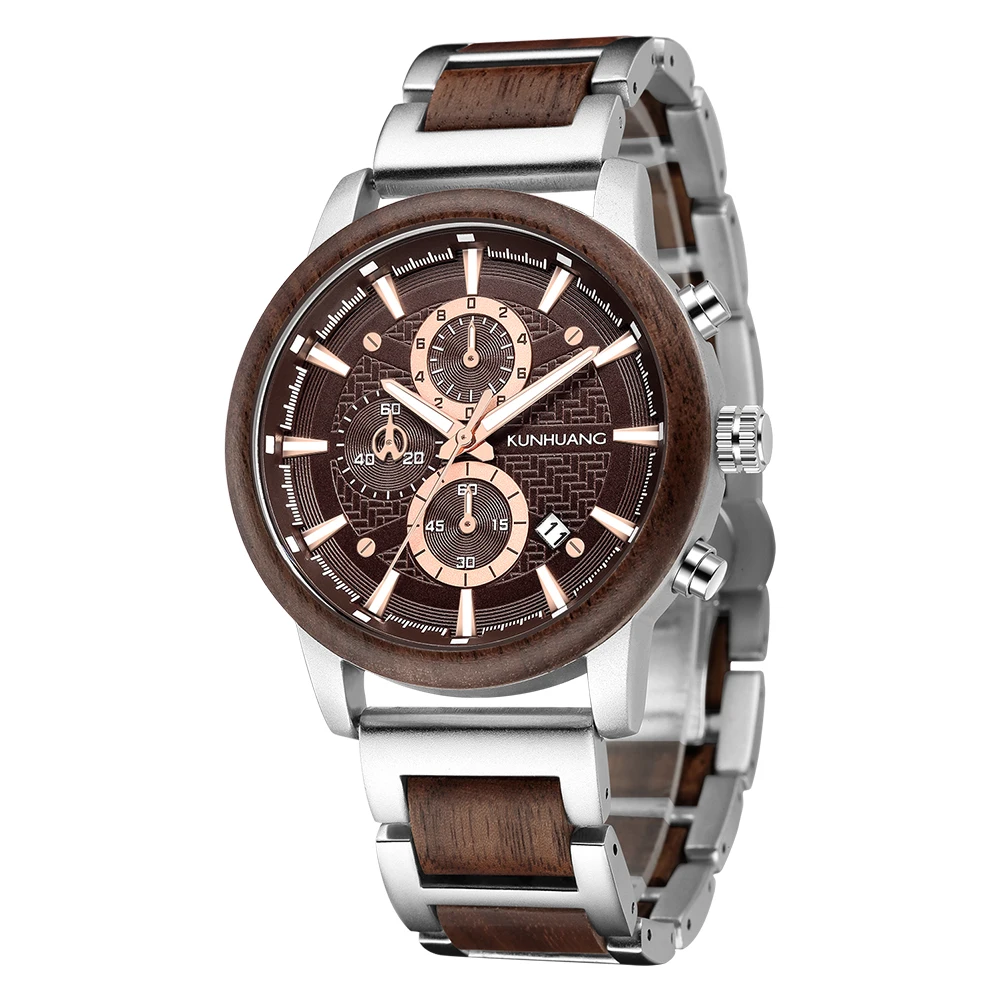 

KUNHUANG Wood Watches Luxury Luminous Multi-function Wooden Men's Quartz Retro Watch Fashion Sport Timepieces Zegarek męski