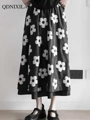 Women's Skirt 2023 Chinoiserie Summer Skirt Mesh Floral Panels Versatile Mid Length A-line Pleated Skirt Womens Clothing