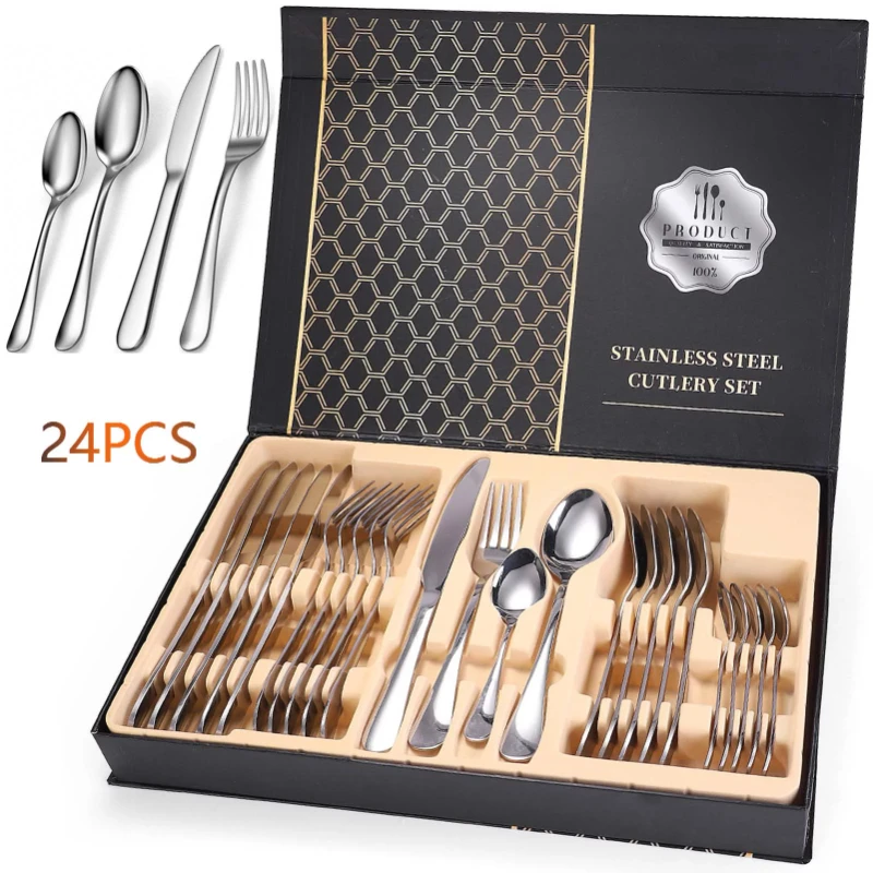 

24 Piece Silverware Flatware Cutlery Set, Stainless Steel Utensils Service for 6, Include Knife Fork Spoon, Mirror Polished, Dis
