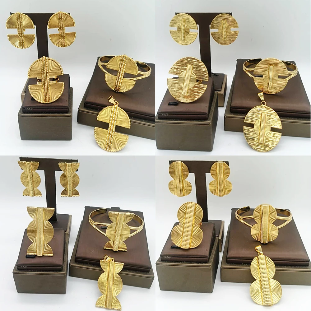 

4Sets Gold Color Jewelry Set for Women Nigerian Wedding Bridal African Dubai Copper Geometry Pendant Cuff Bracelet Earrings Ring