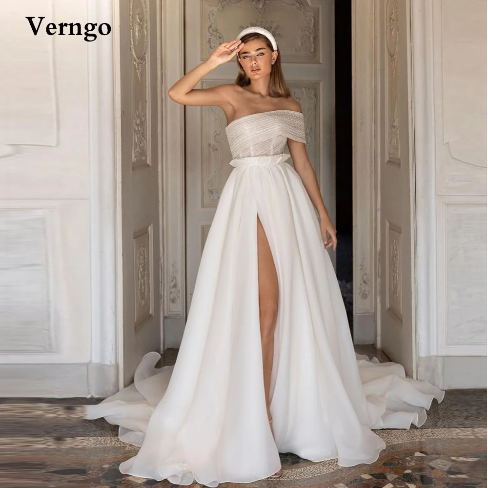 

Verngo Unique Glitter Organza Wedding Dresses One Shoulder A Line Court Train Side Slit Bridal Gowns New Design Robe de mariage