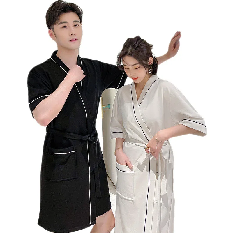Couple's Nightgown Long Sleeve Pure Cotton Simple Solid Color Girls Comfortable Loose Men's Medium Length Pajamas Bathrobe