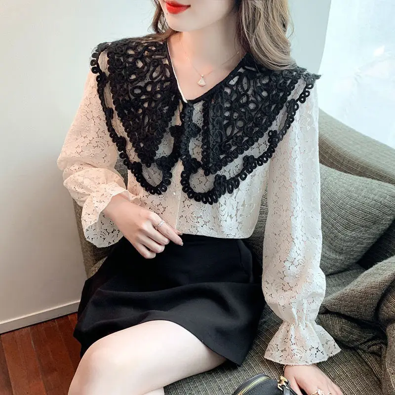 

Women 2022 Early Spring New Chic Long Sleeve Blouses Female Single Breasted Casual Shirts Ladies Lace Solid Color Shirts F209