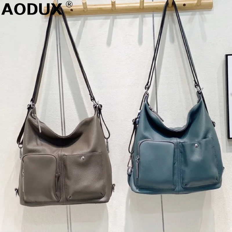 

AODUX Large 100% Genuine Leather Calfskin Women Multifunctional Bag Shoulder Crossbody Bag Handbag Top Cowhide Messenger Bags