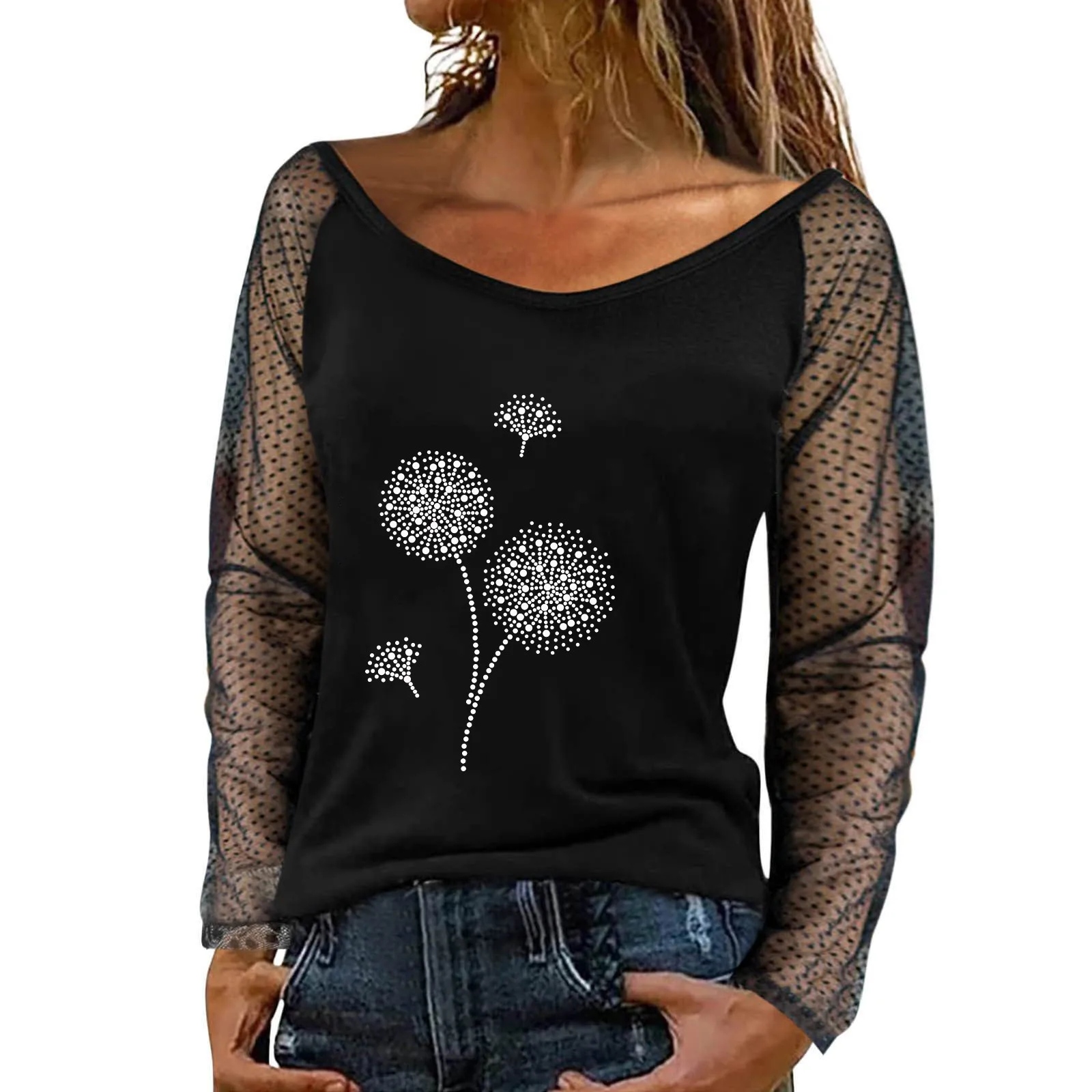 

Женская футболка со стразами и принтом одуванчика, Свободный Повседневный сетчатый топ с длинным рукавом, модная уличная одежда, пуловер, ф...