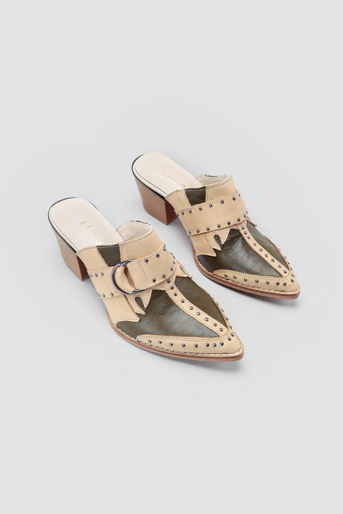 

Women's Genuine Leather Jody Khaki Pointed toe Stapler Detailed Heels Slippers