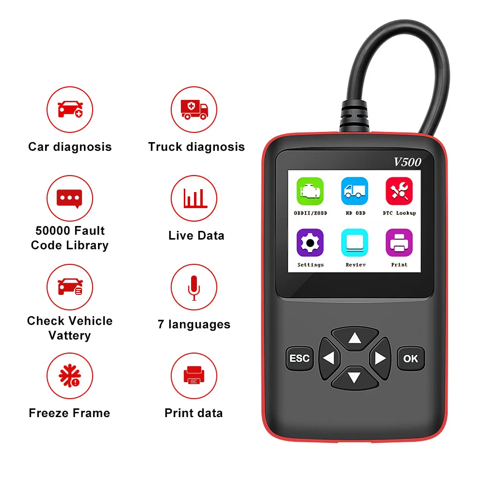 

12 В 24 В V500 OBD2 сканер для грузового автомобиля 2 в 1 диагностический инструмент для двигателя J1939 J1587 J1708 считыватель кода неисправности