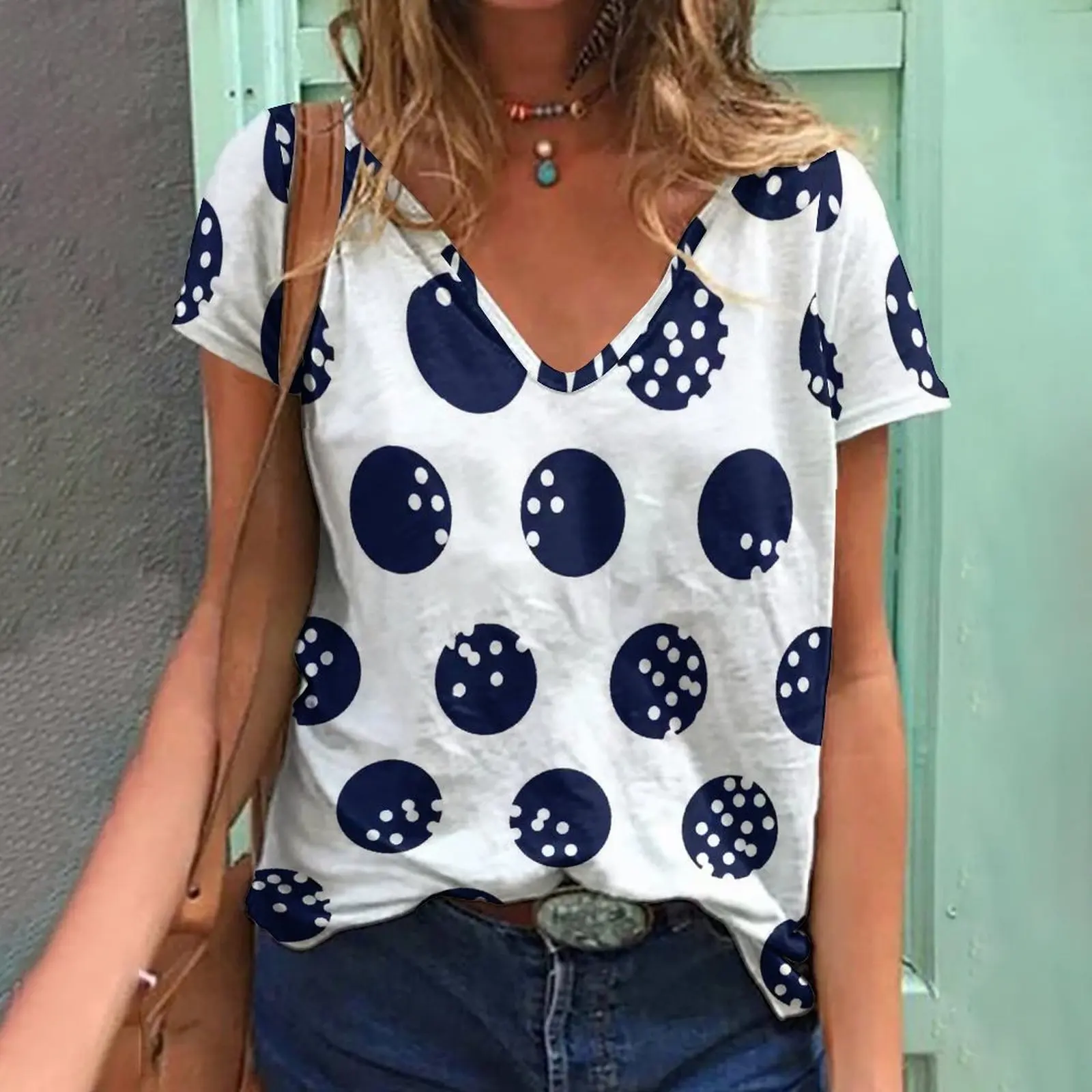 

Summer European and American T-shirt women's printed polka dot V-neck short-sleeved T-shirt fashion breathable women's clothing