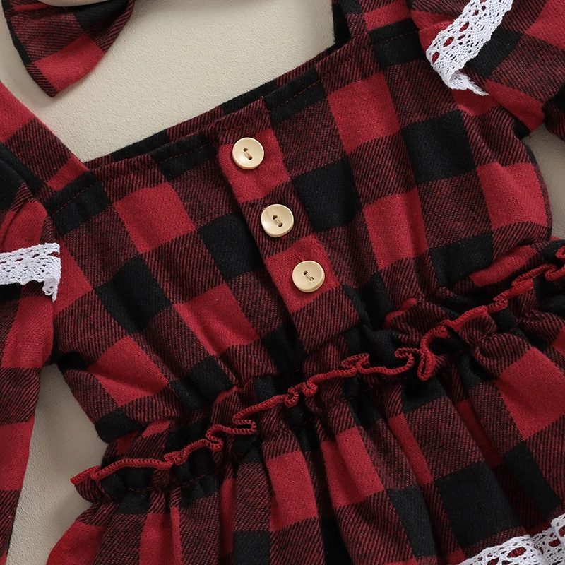 

Рождественский повседневный комбинезон для маленьких девочек, Красный Клетчатый комбинезон с длинным рукавом и оборками, с повязкой на голову