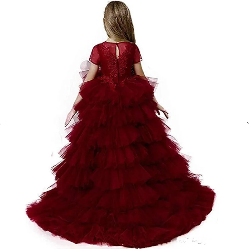 

Gorgeous Wine Red High Low Girls Pageant Gowns Lace Tiered Flower Girl Dress for Wedding Puffy Tulle Kids First Communion Gowns