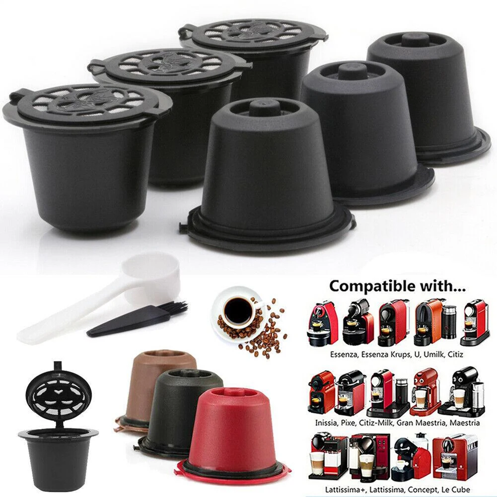 

6PCS Refillable Reusable Coffee Capsule Filters Caps For Nespresso Coffee Machine With Brush Spoon Brush Coffeeware Accessories