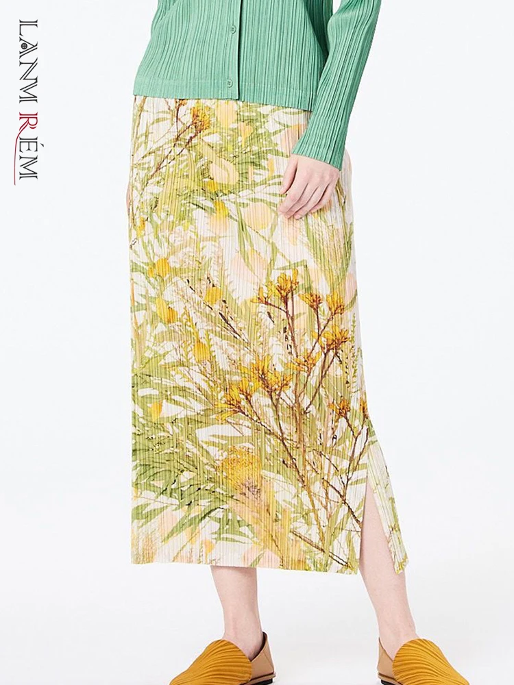 

Женские плиссированные юбки LANMREM, модные эластичные юбки в стиле ретро с принтом и разрезом, новинка 2023, 2YA1406