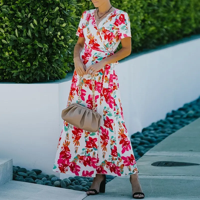 

Women Long Bandage Dress 2022 Summer Casual Floral Print V-neck Short Sleeve Slit Maxi Dress Evening Prom Party Dress Sundress