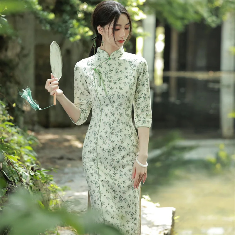 Sexy Elegant Floral Printed Suede Mandarin Collar Cheongsam Seven Points Sleeve Qipao Chinese Women Dress
