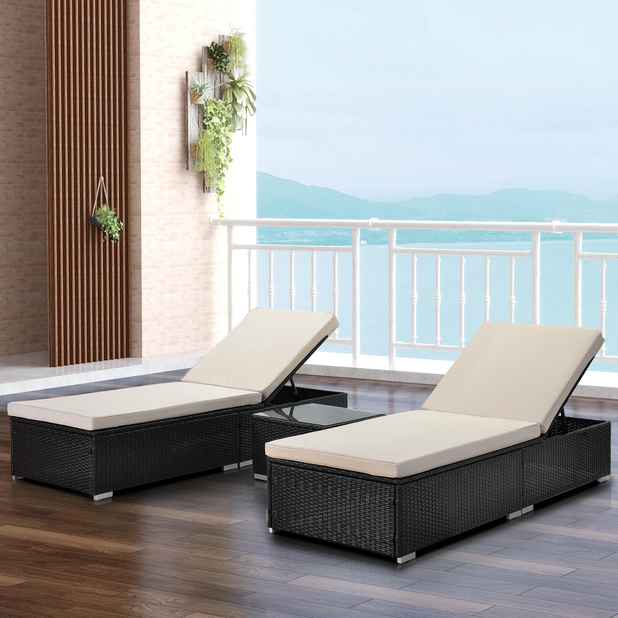 Outdoor Garden 3 Piece Wicker Patio Chaise Lounge Set Adjust