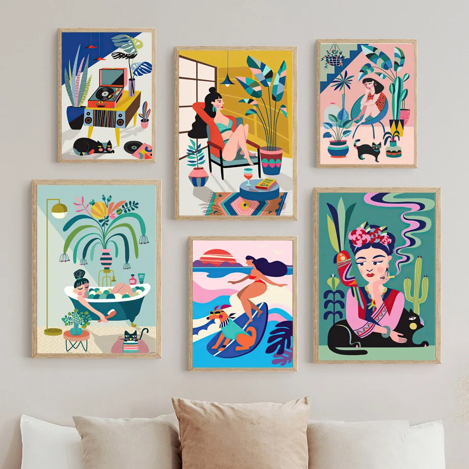 Модная девушка ванная комната кактус лист абстрактный Бохо стены искусства